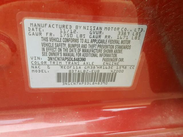 3N1CN7AP5DL848390 - 2013 NISSAN VERSA S RED photo 10