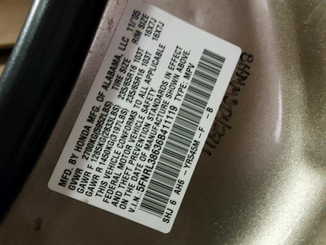 5FNRL38636B411119 - 2006 HONDA ODYSSEY EX TAN photo 10