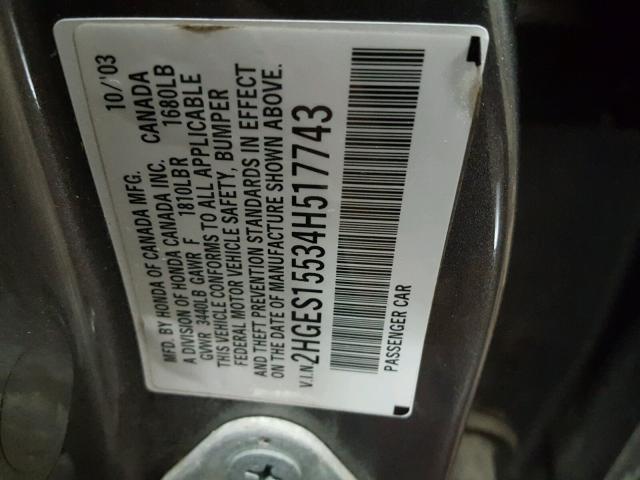 2HGES15534H517743 - 2004 HONDA CIVIC LX GRAY photo 10