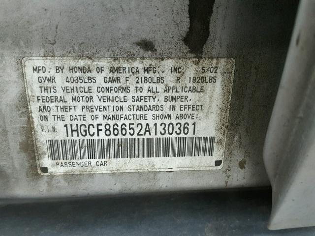 1HGCF86652A130361 - 2002 HONDA ACCORD VAL SILVER photo 10