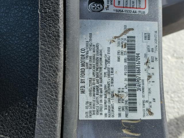 3FAFP07186R167094 - 2006 FORD FUSION SE SILVER photo 10