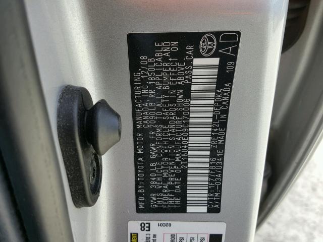 2T1BU40E09C170006 - 2009 TOYOTA COROLLA BA SILVER photo 10