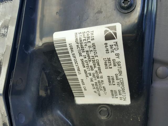 1G8AL52F23Z179811 - 2003 SATURN ION LEVEL BLACK photo 10