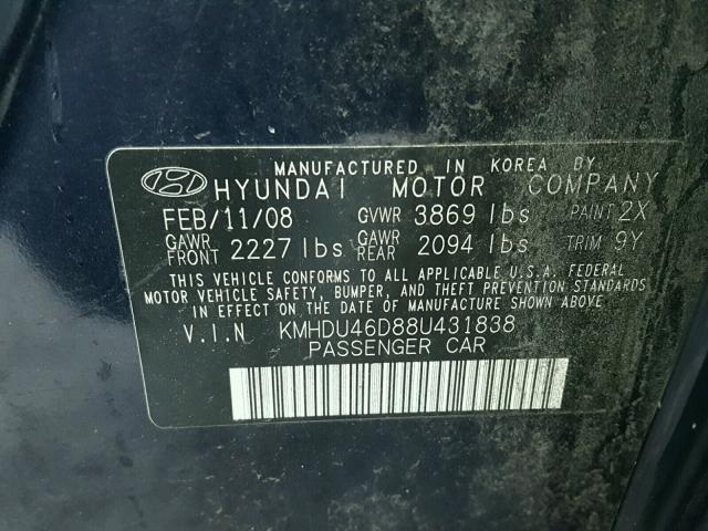 KMHDU46D88U431838 - 2008 HYUNDAI ELANTRA GL BLUE photo 10