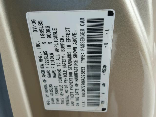 1HGCM72706A023853 - 2006 HONDA ACCORD EX GOLD photo 10