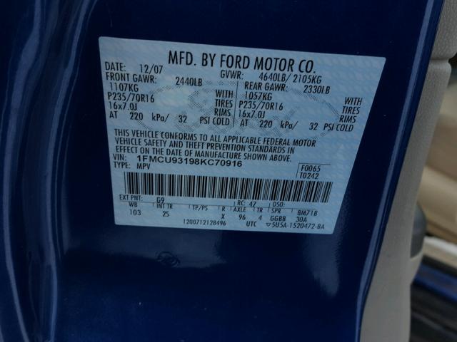 1FMCU93198KC70916 - 2008 FORD ESCAPE XLT BLUE photo 10