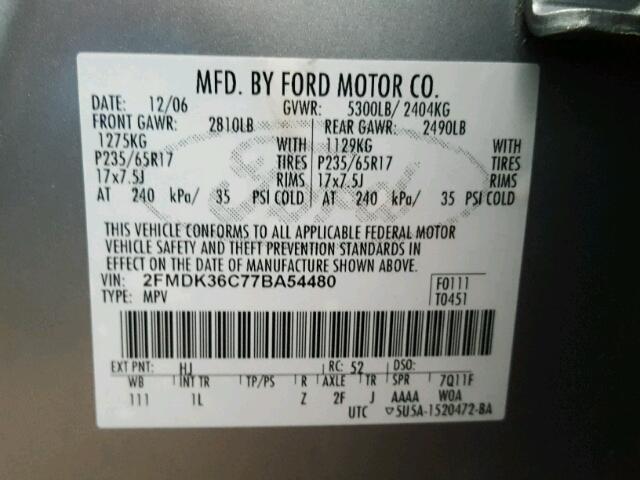 2FMDK36C77BA54480 - 2007 FORD EDGE SE SILVER photo 10