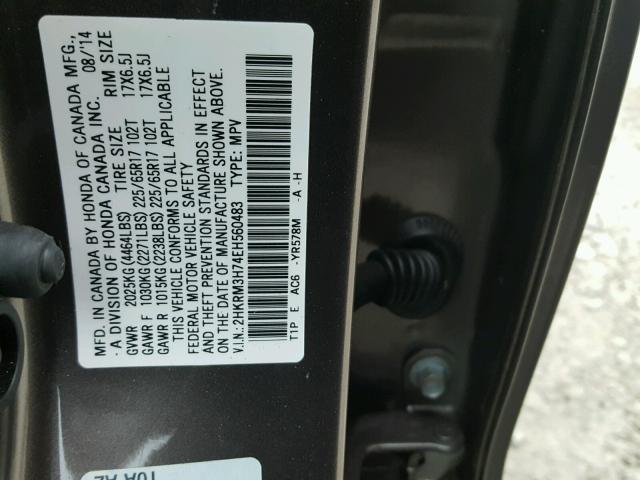 2HKRM3H74EH560483 - 2014 HONDA CR-V EXL GRAY photo 10