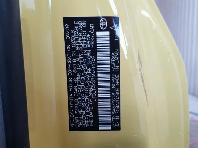 JTDJT4K33A5284769 - 2010 TOYOTA YARIS YELLOW photo 10