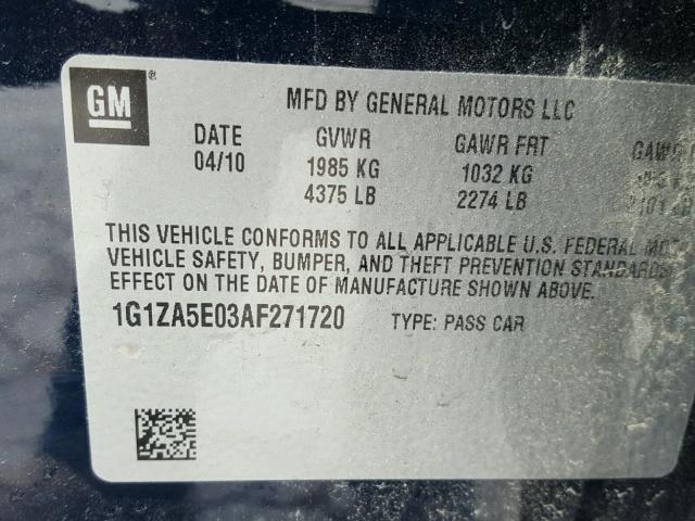 1G1ZA5E03AF271720 - 2010 CHEVROLET MALIBU LS GRAY photo 10