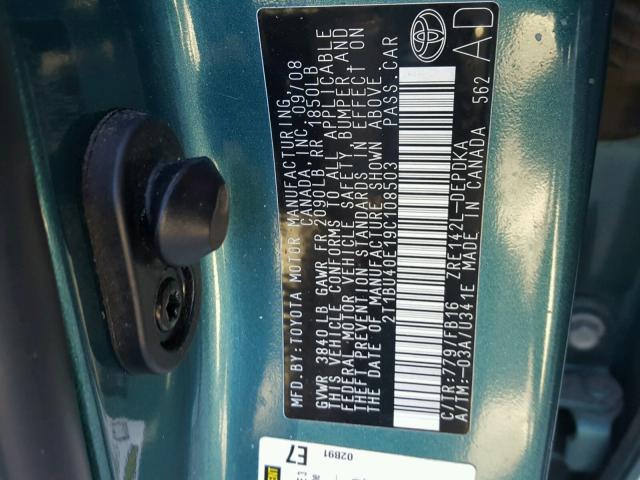 2T1BU40E19C108503 - 2009 TOYOTA COROLLA BA TEAL photo 10