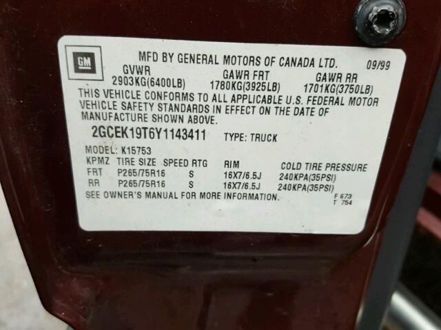 2GCEK19T6Y1143411 - 2000 CHEVROLET SILVERADO RED photo 10