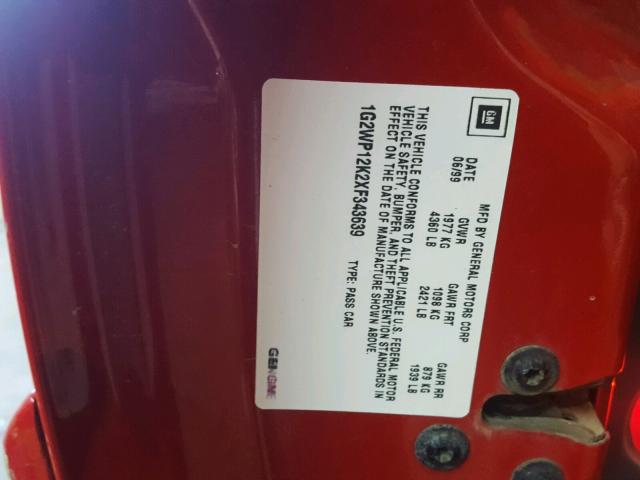 1G2WP12K2XF343639 - 1999 PONTIAC GRAND PRIX RED photo 10