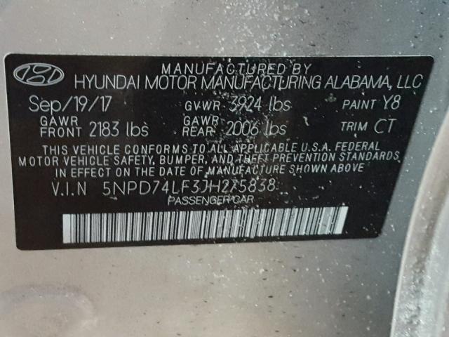 5NPD74LF3JH275838 - 2018 HYUNDAI ELANTRA SE SILVER photo 10