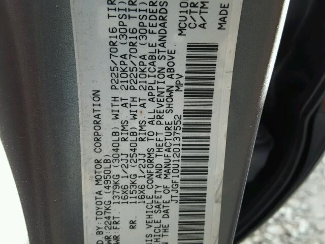 JTJGF10U120137552 - 2002 LEXUS RX 300 GRAY photo 10