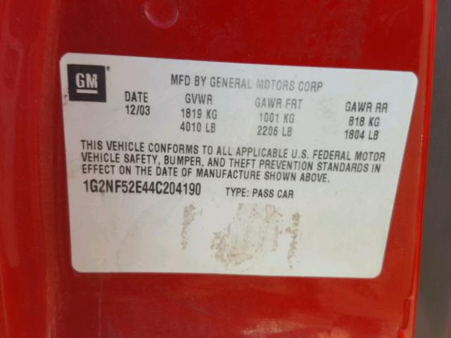 1G2NF52E44C204190 - 2004 PONTIAC GRAND AM S RED photo 10