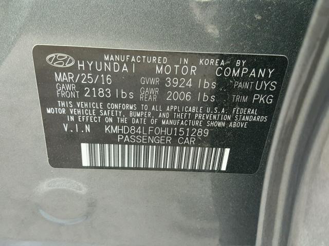 KMHD84LF0HU151289 - 2017 HYUNDAI ELANTRA SE GRAY photo 10