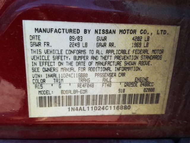 1N4AL11D24C116880 - 2004 NISSAN ALTIMA BAS RED photo 10