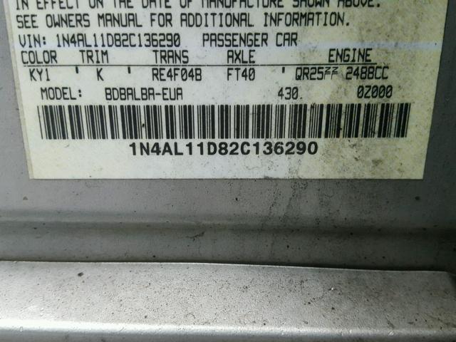 1N4AL11D82C136290 - 2002 NISSAN ALTIMA BAS SILVER photo 10