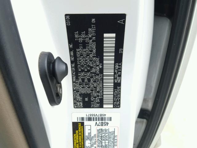 5TDZA22C86S477532 - 2006 TOYOTA SIENNA XLE WHITE photo 10