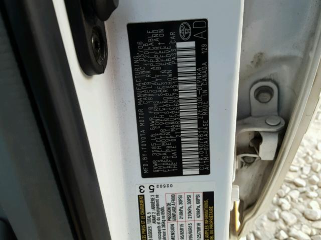 2T1BR32E66C678310 - 2006 TOYOTA COROLLA CE WHITE photo 10