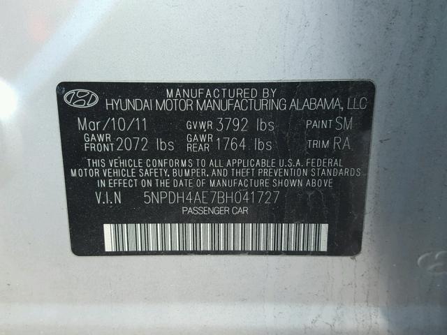 5NPDH4AE7BH041727 - 2011 HYUNDAI ELANTRA GL SILVER photo 10