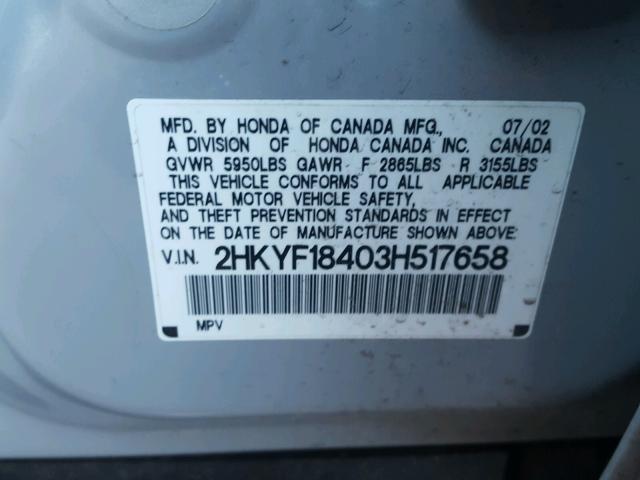 2HKYF18403H517658 - 2003 HONDA PILOT EX SILVER photo 10