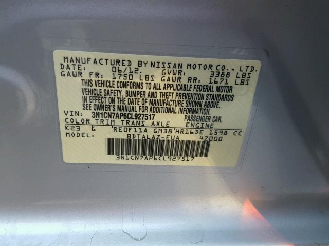 3N1CN7AP6CL927517 - 2012 NISSAN VERSA S SILVER photo 10