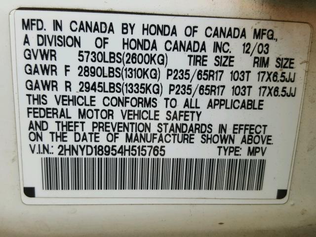 2HNYD18954H515765 - 2004 ACURA MDX TOURIN WHITE photo 10