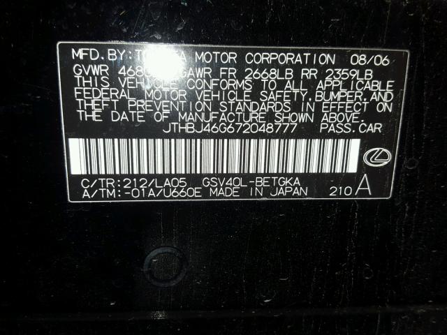 JTHBJ46G672048777 - 2007 LEXUS ES 350 BLACK photo 10