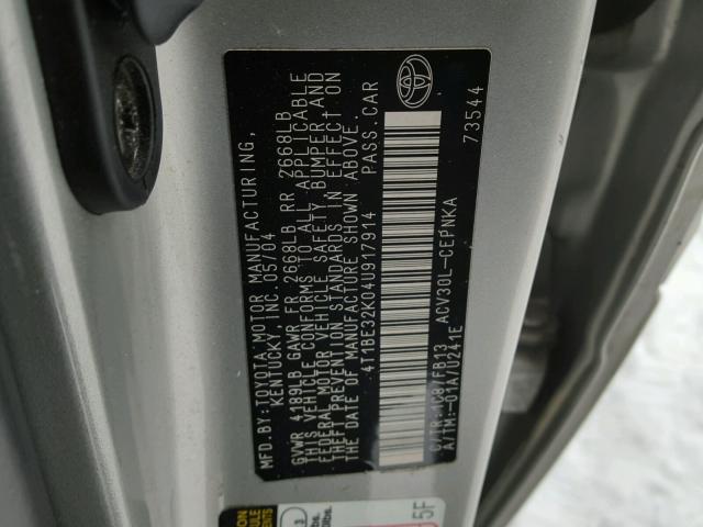 4T1BE32K04U917914 - 2004 TOYOTA CAMRY LE 银色 照片 10