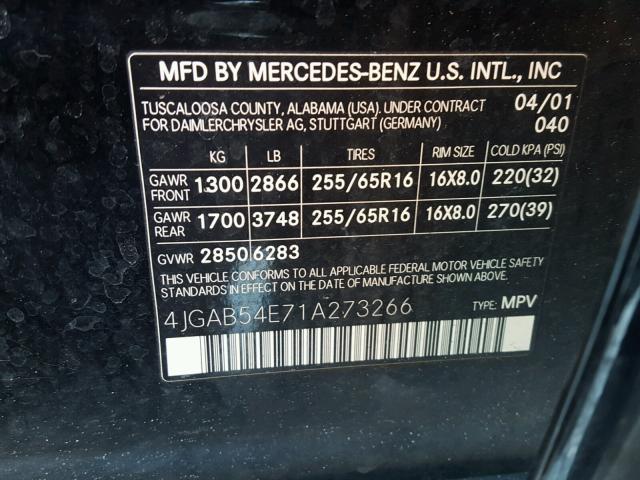 4JGAB54E71A273266 - 2001 MERCEDES-BENZ ML 320 BLACK photo 10