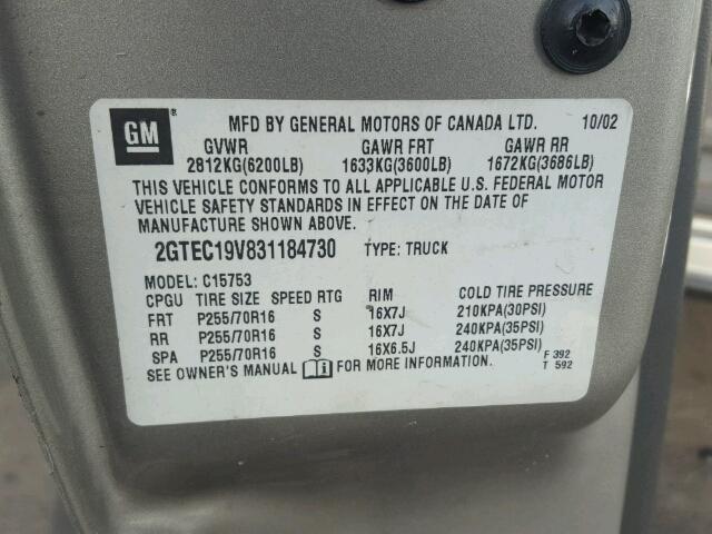 2GTEC19V831184730 - 2003 GMC NEW SIERRA BEIGE photo 10