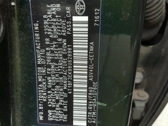 4T1BF3EK8BU628981 - 2011 TOYOTA CAMRY BASE GREEN photo 10