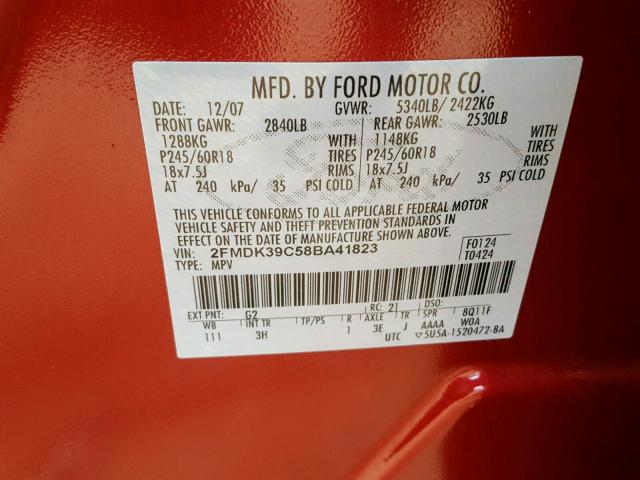 2FMDK39C58BA41823 - 2008 FORD EDGE LIMIT RED photo 10