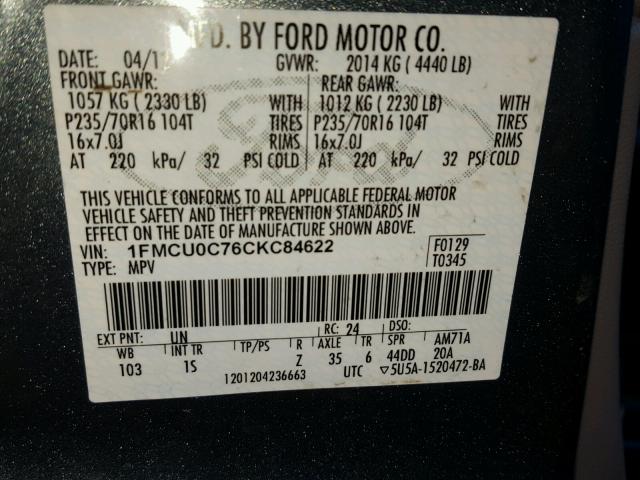 1FMCU0C76CKC84622 - 2012 FORD ESCAPE XLS BLUE photo 10