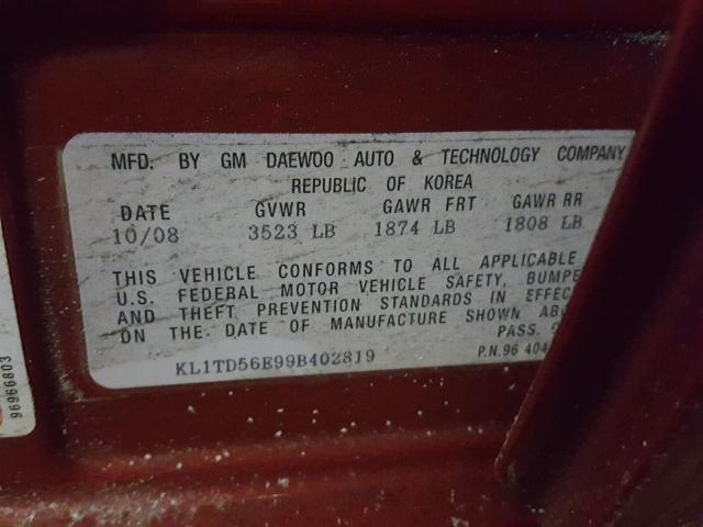 KL1TD56E99B402819 - 2009 CHEVROLET AVEO LS 红色 照片 10