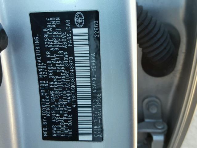 4T1BE46K98U248970 - 2008 TOYOTA CAMRY CE SILVER photo 10