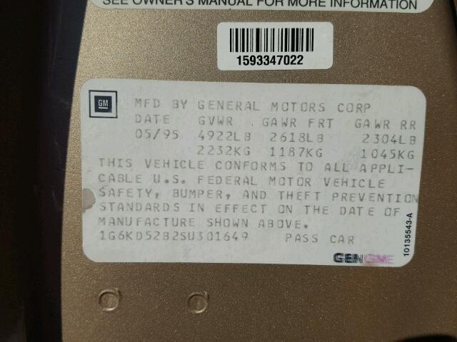 1G6KD52B2SU301649 - 1995 CADILLAC DEVILLE GOLD photo 10