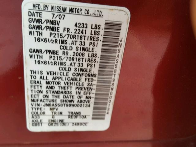 JN8AS58T98W000134 - 2008 NISSAN ROGUE S RED photo 10