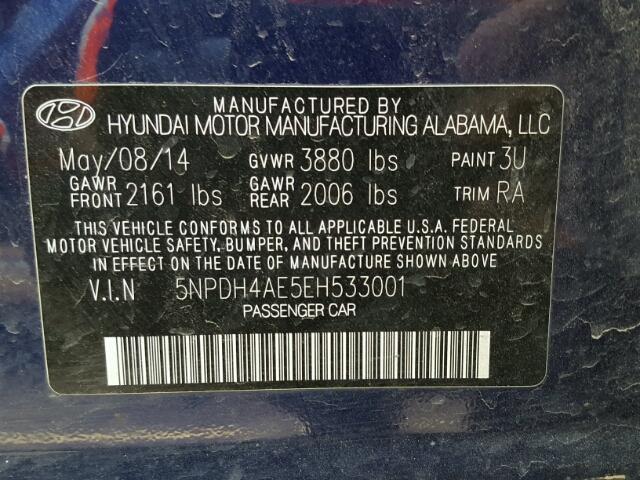 5NPDH4AE5EH533001 - 2014 HYUNDAI ELANTRA SE BLUE photo 10