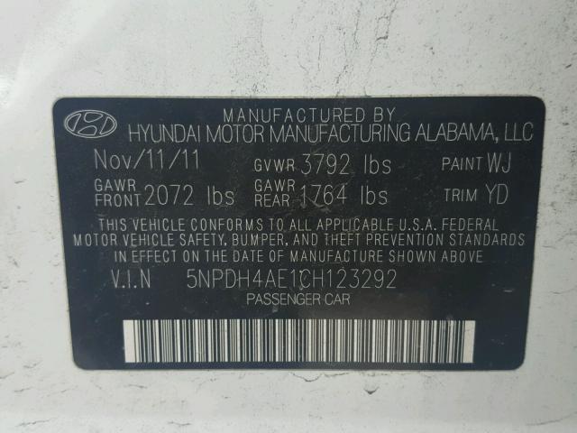 5NPDH4AE1CH123292 - 2012 HYUNDAI ELANTRA GL WHITE photo 10