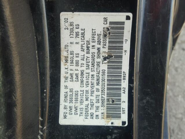 SHHEP33502U301560 - 2002 HONDA CIVIC SI BLACK photo 10