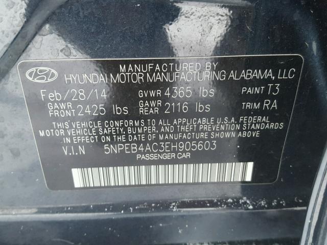 5NPEB4AC3EH905603 - 2014 HYUNDAI SONATA GLS GRAY photo 10