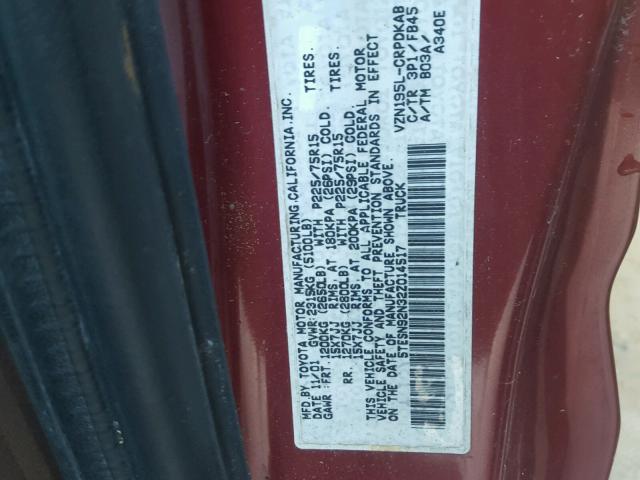 5TESN92N32Z014517 - 2002 TOYOTA TACOMA XTR BURGUNDY photo 10