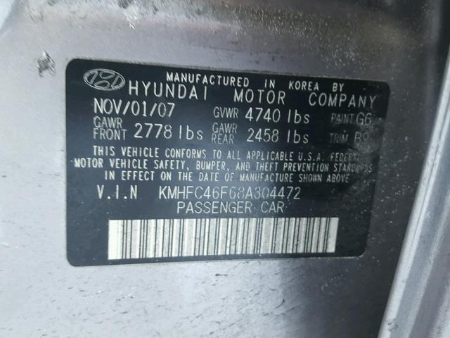 KMHFC46F68A304472 - 2008 HYUNDAI AZERA SE SILVER photo 10