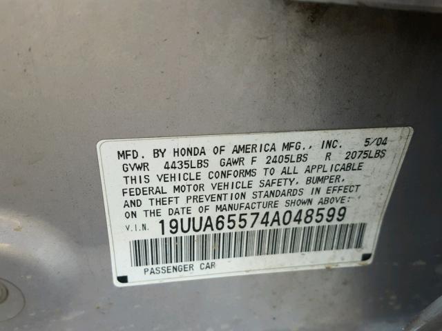 19UUA65574A048599 - 2004 ACURA TL SILVER photo 10