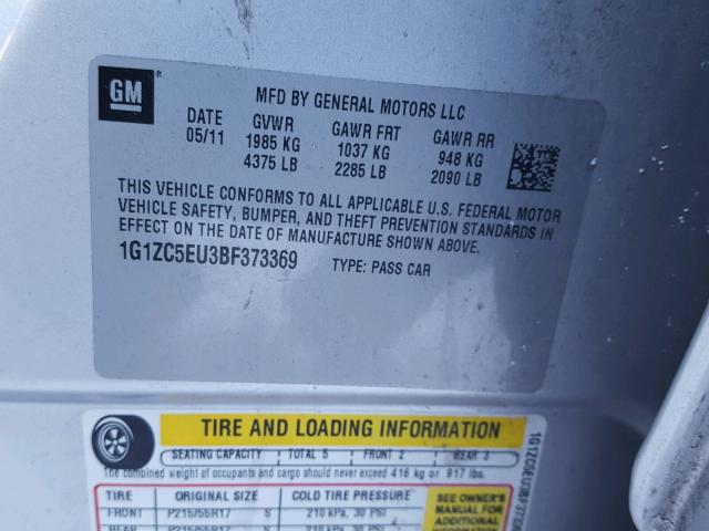 1G1ZC5EU3BF373369 - 2011 CHEVROLET MALIBU 1LT 银色 照片 10