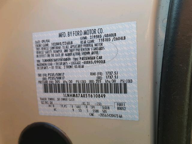 1LNHM87A85Y610849 - 2005 LINCOLN LS 白色 照片 10