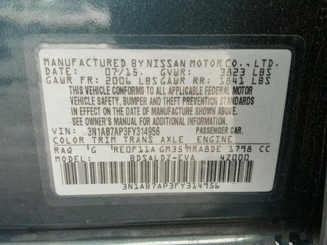 3N1AB7AP3FY314956 - 2015 NISSAN SENTRA S CHARCOAL photo 10